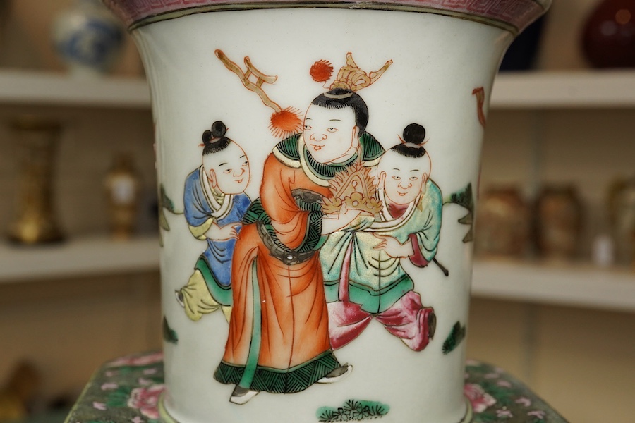 A tall Chinese famille rose square section vase, 19th century